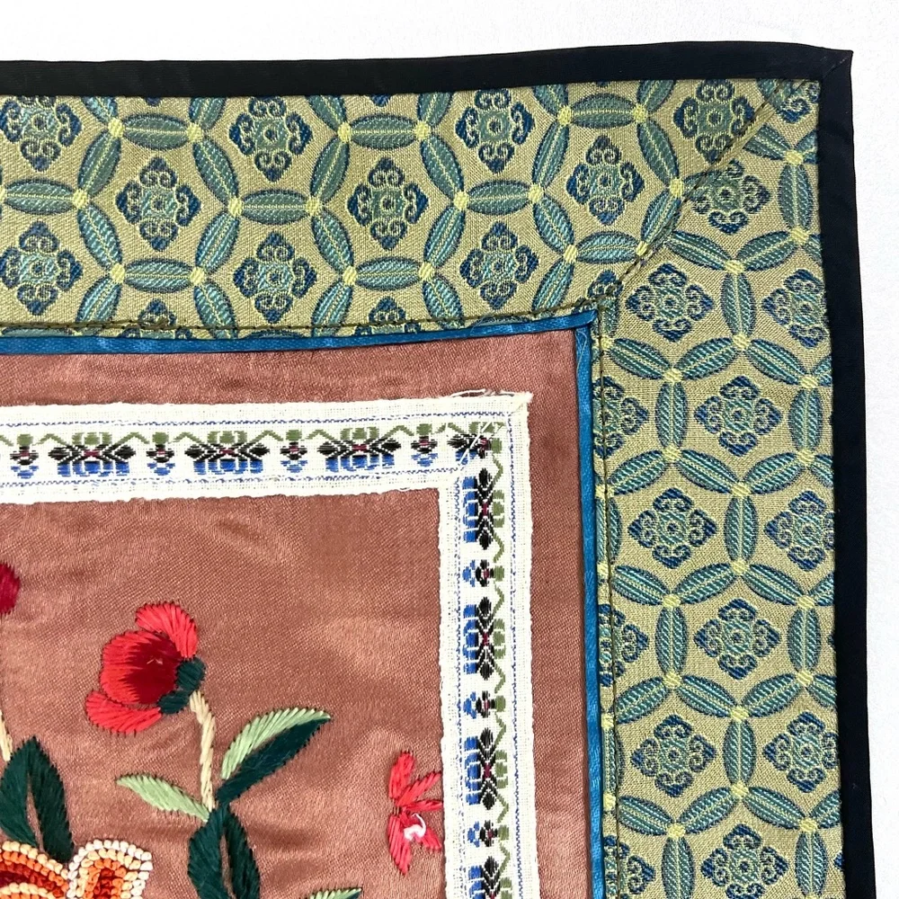 Vintage Chinese Silk Embroidered Floral Bird Panel